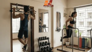 Man doing pull-ups and woman performing dips on parallel bars demonstrating upper body strength training at home