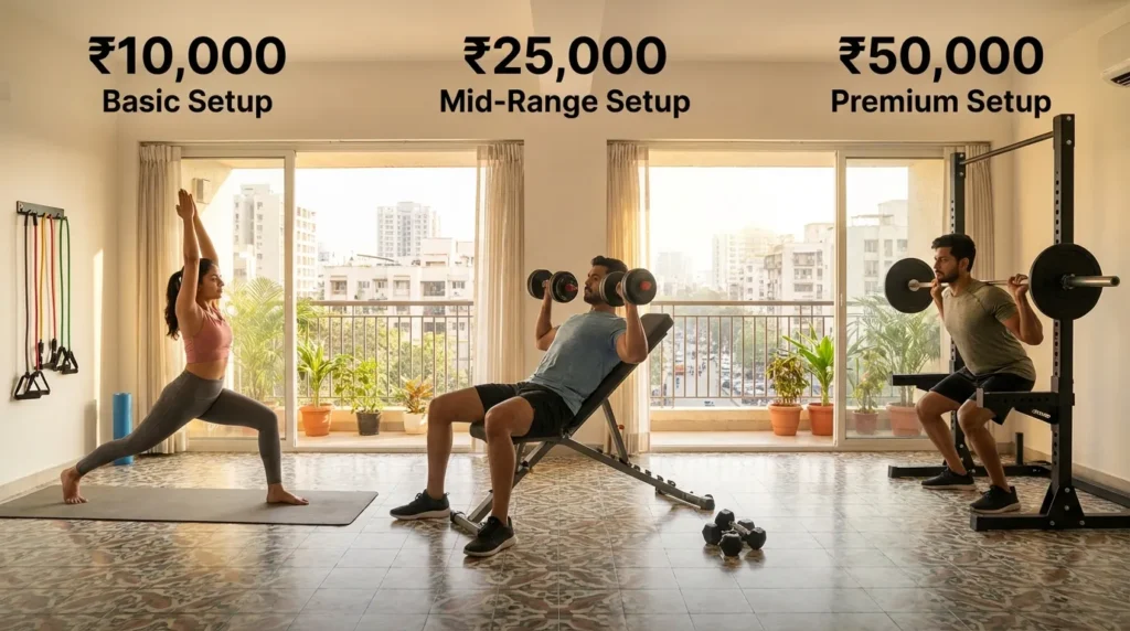 Budget home gym setup in India showing ₹10k, ₹25k, and ₹50k equipment options in a small apartment