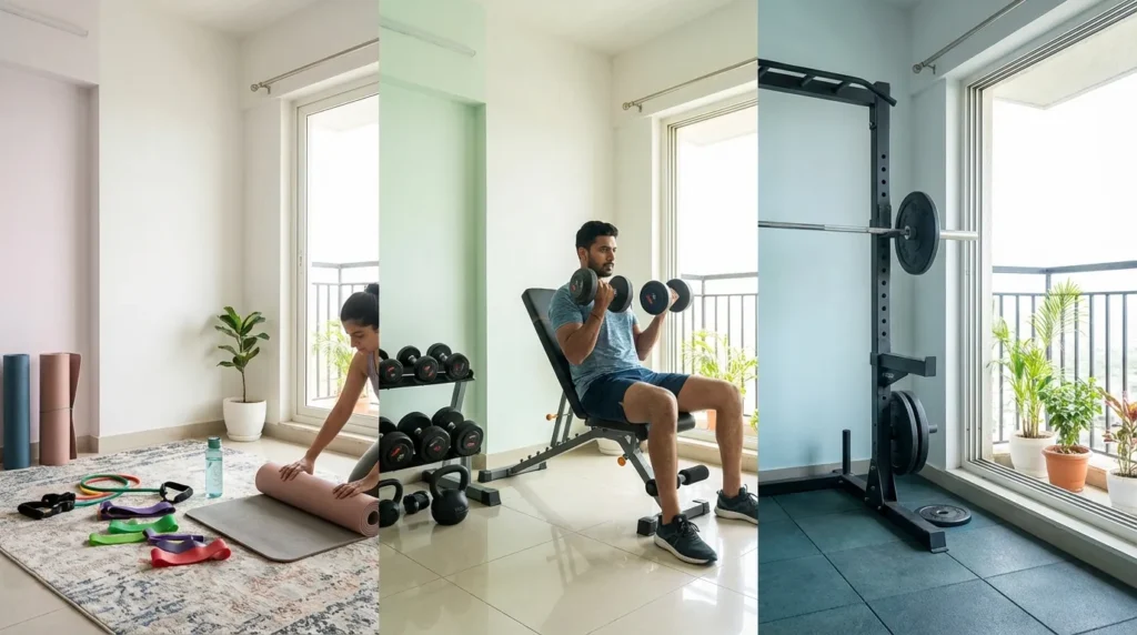 Compact home workout setup in a small apartment featuring dumbbells, resistance bands, yoga mat, and foldable bench