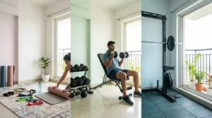 Compact home workout setup in a small apartment featuring dumbbells, resistance bands, yoga mat, and foldable bench