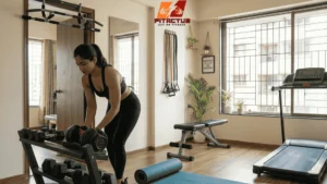 Beginner home gym setup in India with dumbbells resistance bands and yoga mat in a small apartment