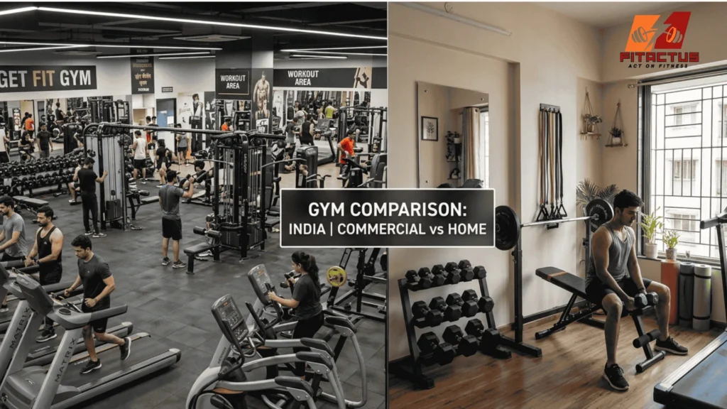 Split view of commercial gym equipment and home gym setup in an Indian apartment showing differences in size, equipment, and environment