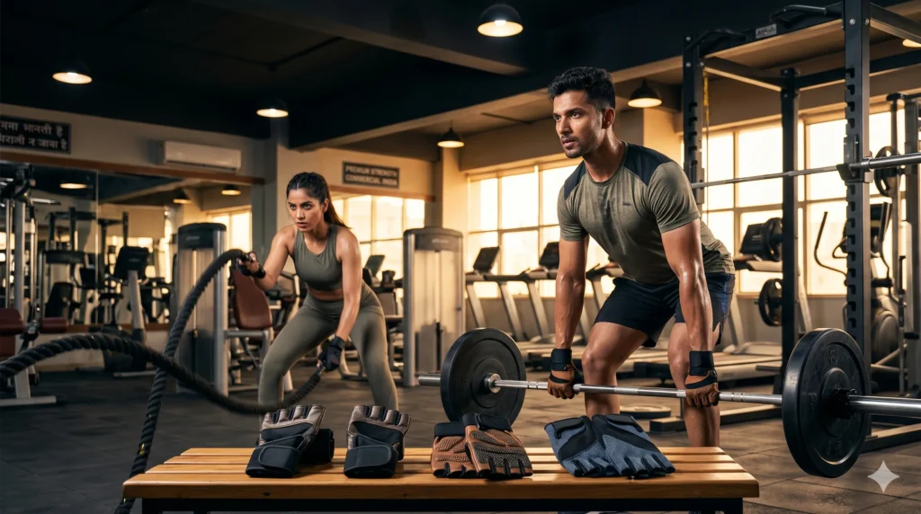 Athletes wearing gym gloves during strength training and cardio workouts in a modern gym, showcasing the best gym gloves available in India.