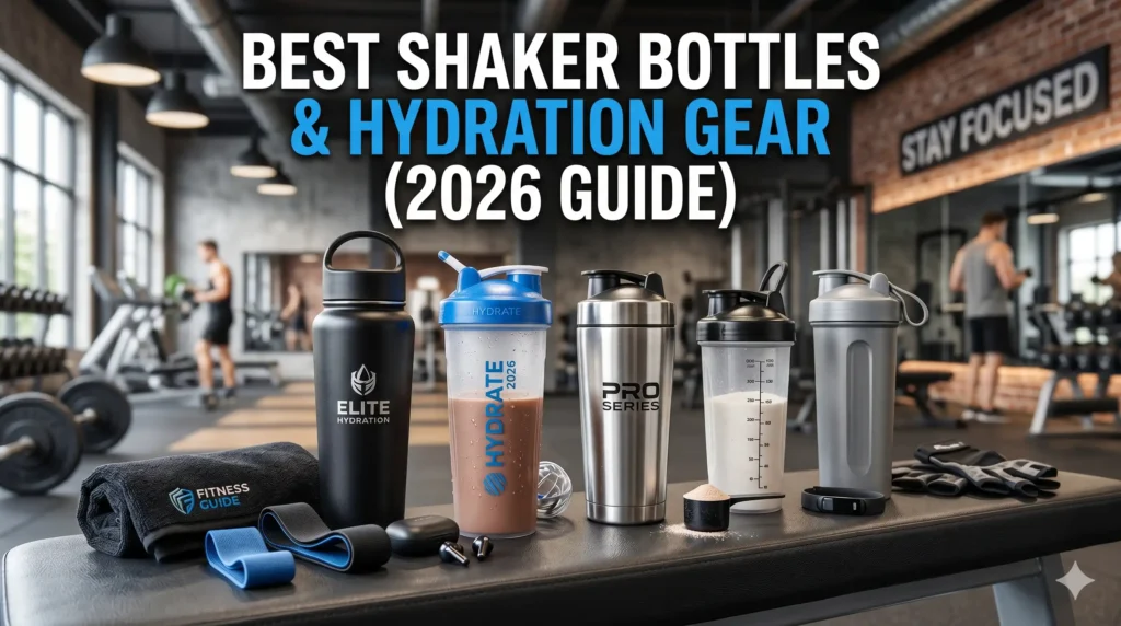 Premium stainless steel and plastic shaker bottles with hydration gear arranged on a gym bench for fitness and protein shake preparation.