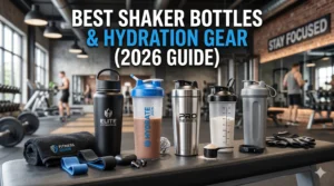 Premium stainless steel and plastic shaker bottles with hydration gear arranged on a gym bench for fitness and protein shake preparation.