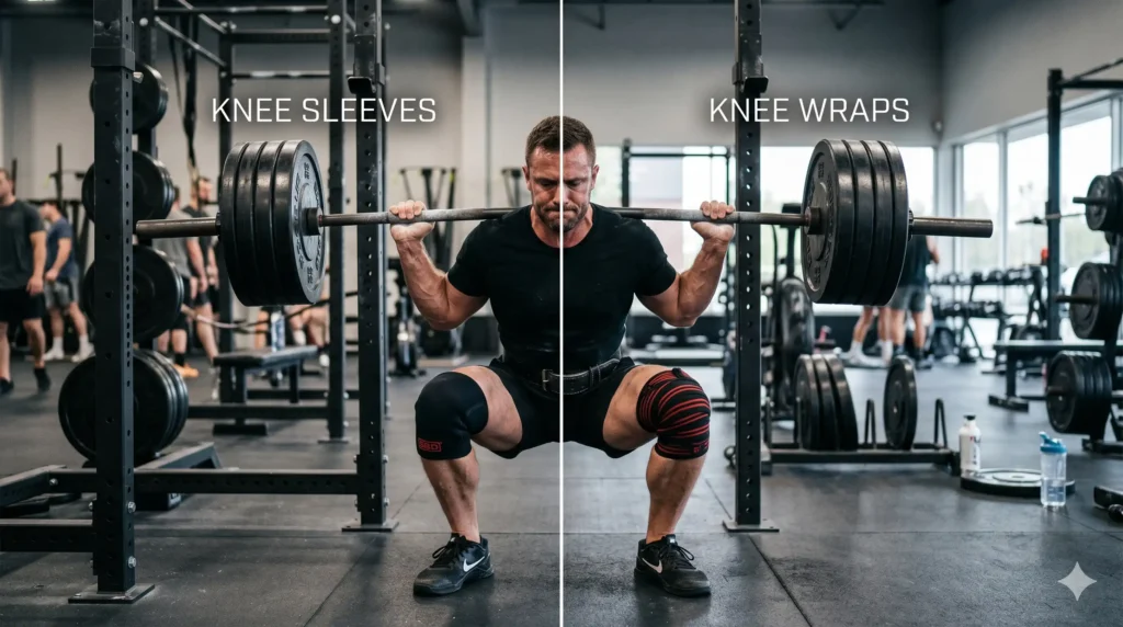 Athlete performing a barbell squat showing knee sleeves on one side and knee wraps on the other for a knee sleeves vs knee wraps comparison.