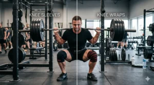 Athlete performing a barbell squat showing knee sleeves on one side and knee wraps on the other for a knee sleeves vs knee wraps comparison.