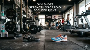 Comparison of strength training shoes and cardio running shoes inside a modern gym for different workout styles