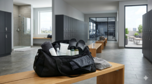 Essential gym hygiene products arranged beside a gym bag including towel, sanitizer, deodorant, wipes, and shower essentials.