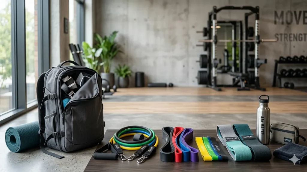 Portable resistance bands for gym and travel workouts including tube bands, mini-bands, superbands, and fabric bands