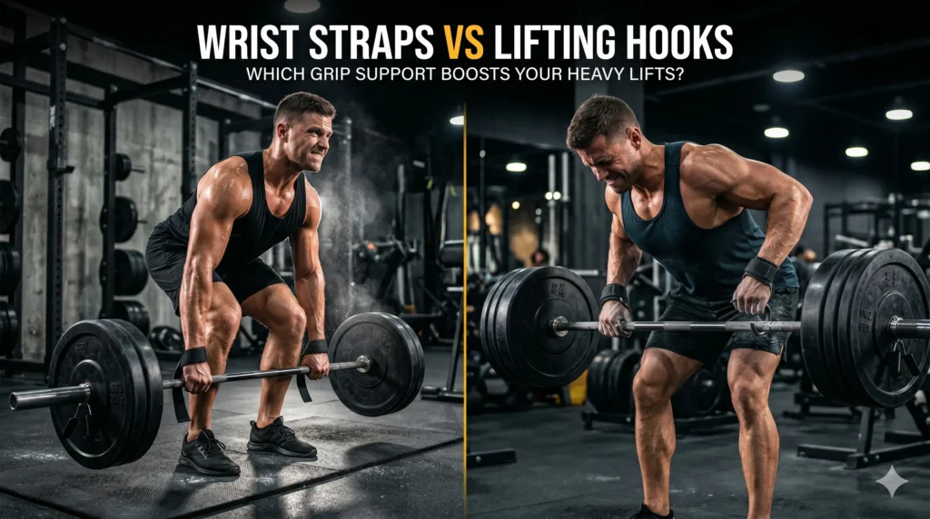 Athletes demonstrating wrist straps vs lifting hooks during heavy weightlifting exercises in a gym.